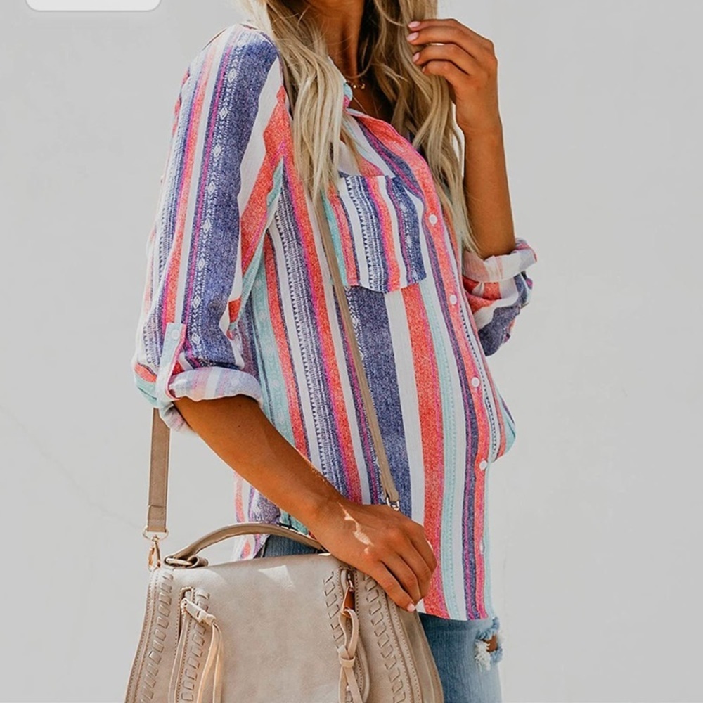 Button Down V Neck Shirts Long Sleeve Blouse Colorful Striped Casual Work large‌ - Picture 10 of 12
